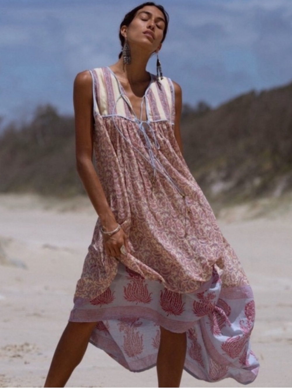 Daughters of India Ahna Sleeveless Maxi Dress in Dusty Blue and Burgundy XS